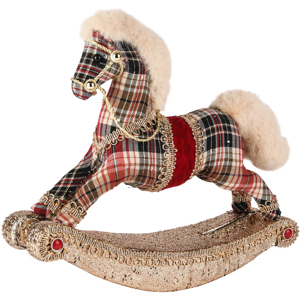 Dekoratief | Schommelpaard geruit, rood/goud, stof, 29x9x26cm | A255351