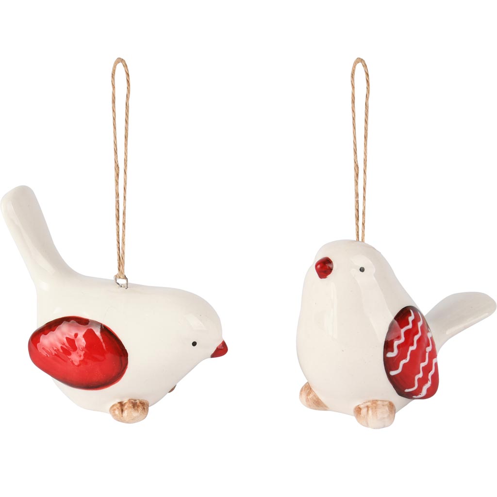 Dekoratief | Hanger vogeltje, wit/rood, dolomiet, 8x4x6cm, set van 2 stuks | A255365