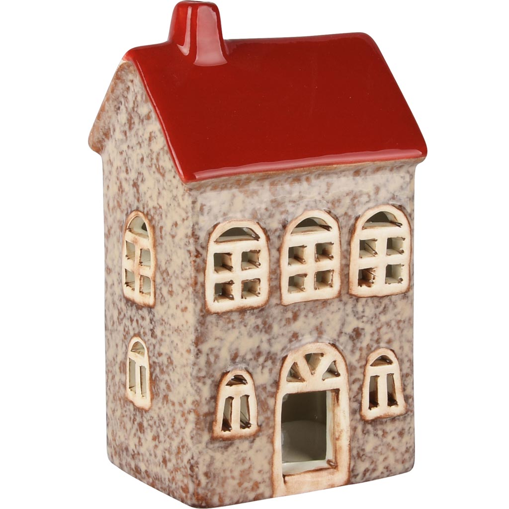 Dekoratief | Theelichtouder huisje, rood/bruin, dolomiet, 10x8x17cm | A255367