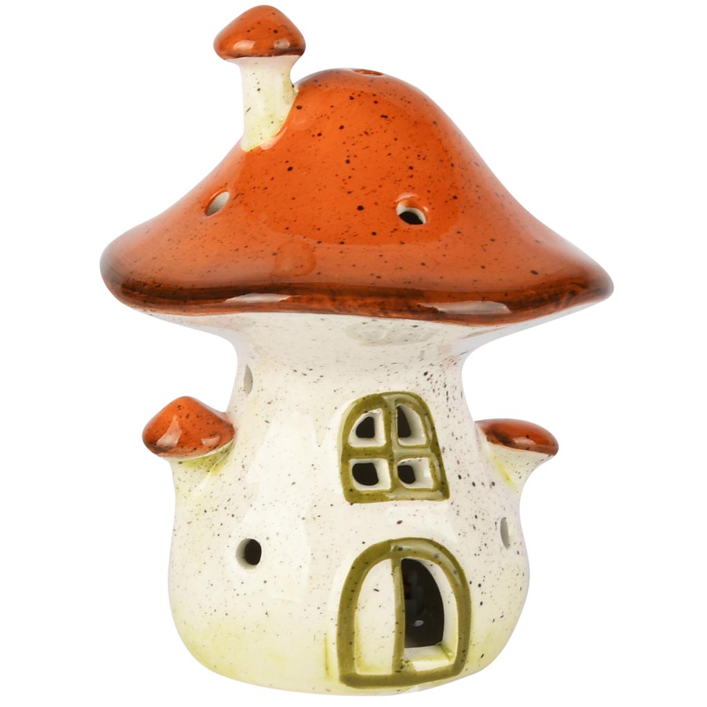 Dekoratief | Paddenstoelhuisje, rood/wit, dolomiet, LED, 10x10x12cm | A255371