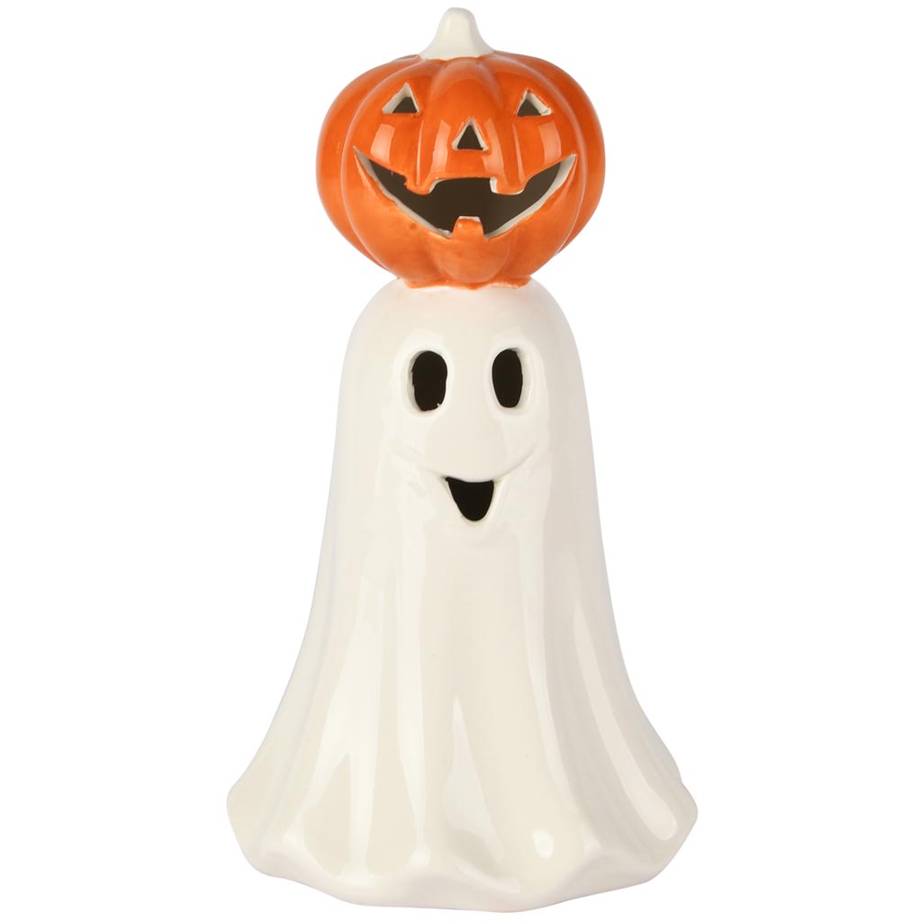 Dekoratief | Spookje m/pompoen, wit/oranje, dolomiet, LED, 11x11x19cm | A255373