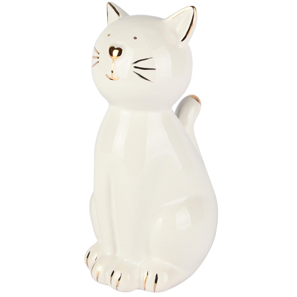 Dekoratief | Poes zittend 'Milo', wit/goud, dolomiet, 10x8x17cm | A255376