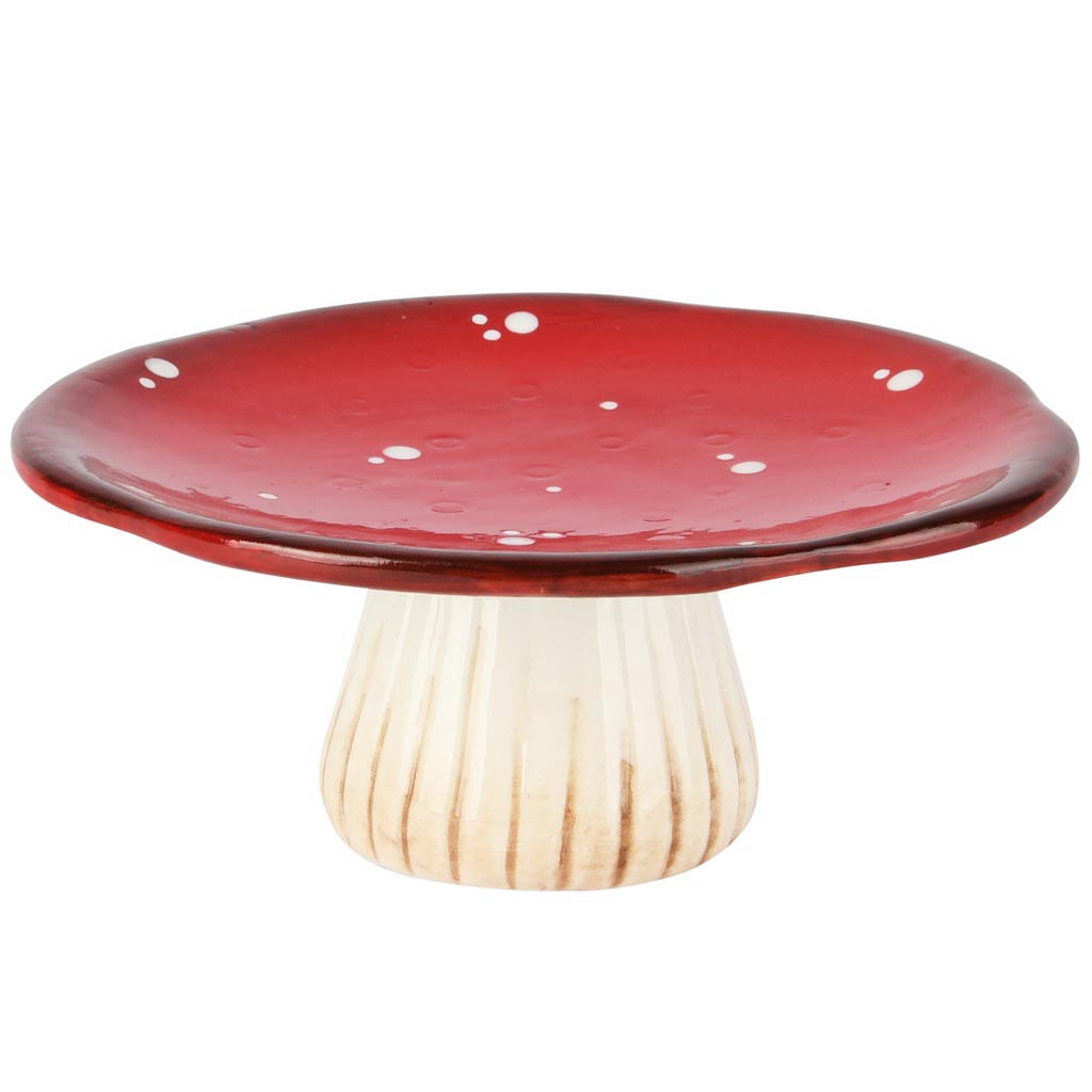 Dekoratief | Paddenstoel schaal op voet, rood/wit, dolomiet, 17x17x7cm | A255378