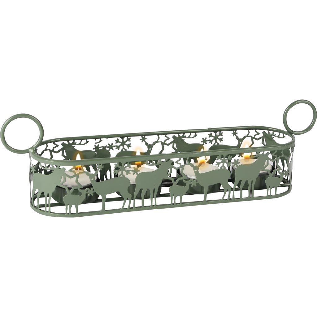 Dekoratief | Theelichthouder m/herten, groen, metaal, 29x7x9cm | A255393