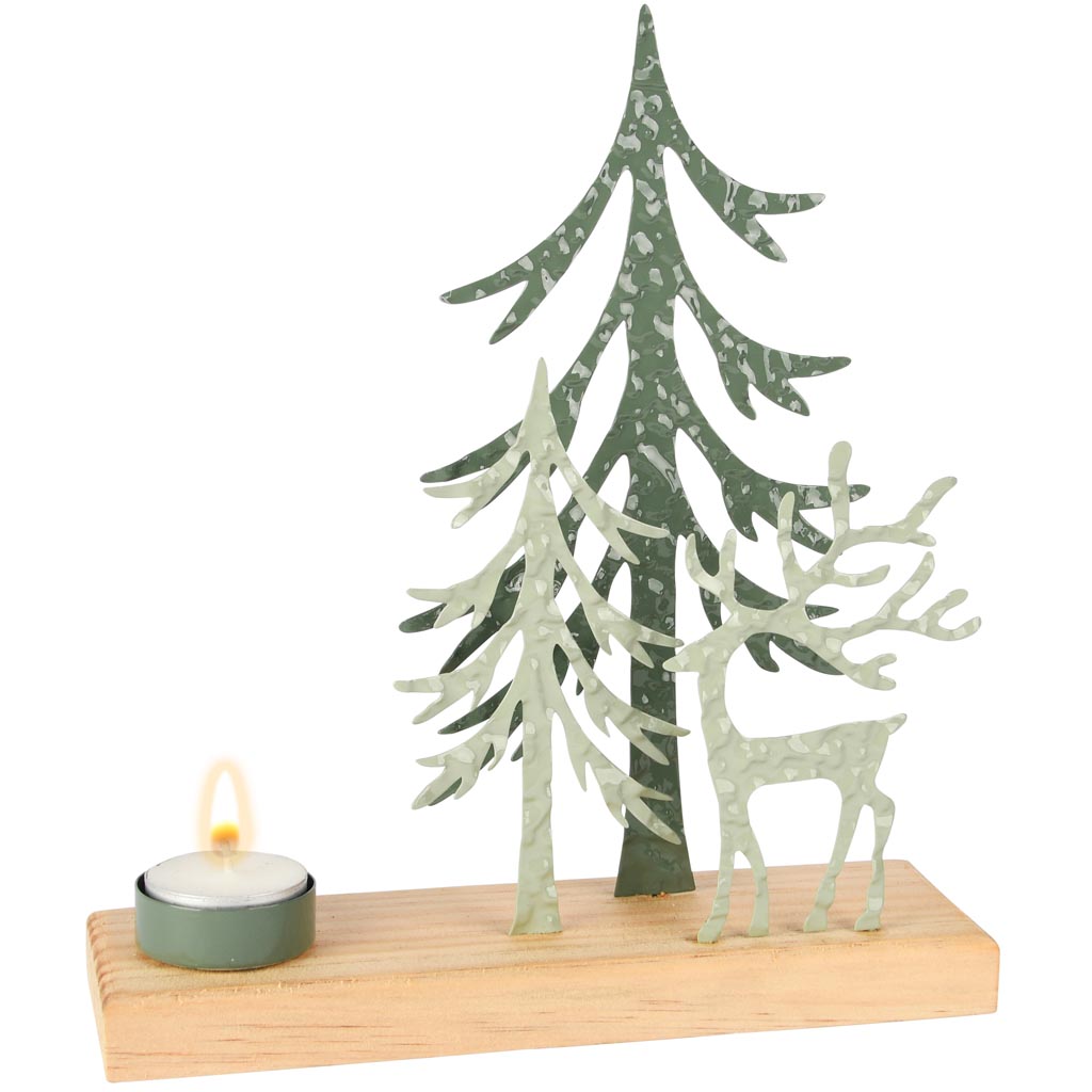 Dekoratief | Theelichthouder m/hert/bomen, groen, metaal/hout, 22x7x24cm | A255394