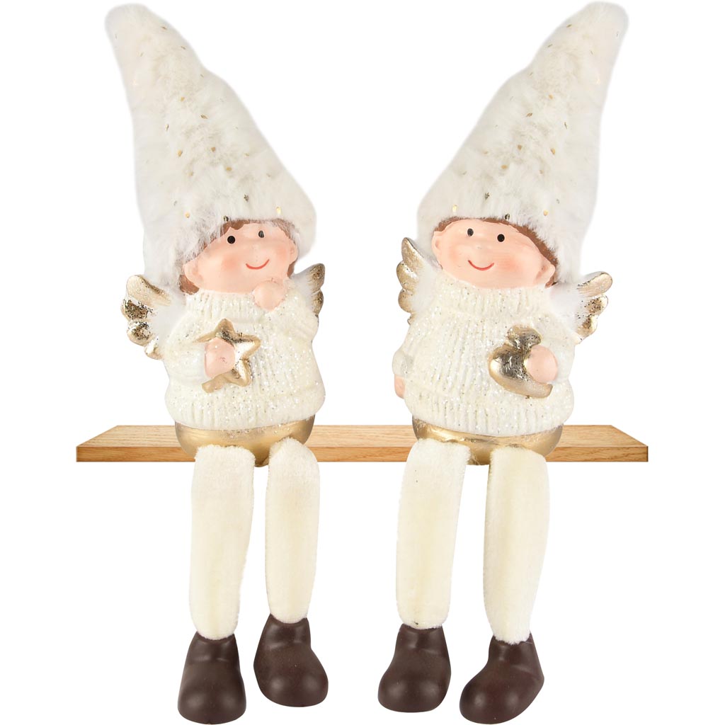 Dekoratief | Engelkindje m/hangbenen, goud/wit, TC, 7x5x10cm, set van 2 stuks | A255403