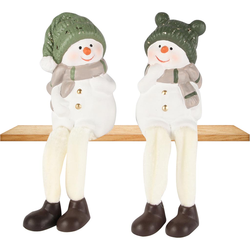 Dekoratief | Sneeuwman m/hangbenen, wit/groen, TC, 6x6x10cm, set van 2 stuks | A255409
