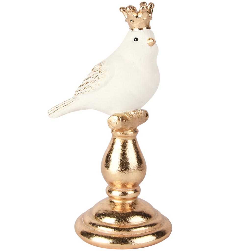 Dekoratief | Vogel op sokkel m/kroon, wit/goud, resina, 11x8x18cm | A255413