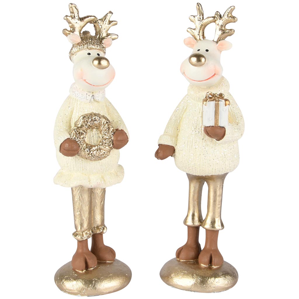Dekoratief | Rendier staand m/krans/cadeautje, wit/goud, resina, 5x5x17cm, set van 2 stuks | A255416