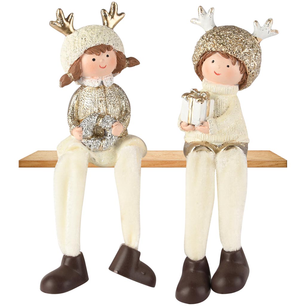 Dekoratief | Winterkindje m/hangbenen, wit/goud, resina, 6x6x10cm, set van 2 stuks | A255420