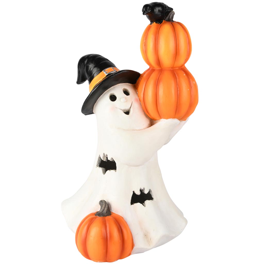 Dekoratief | Spookje m/pompoenen, wit/oranje, resina, LED, 23x22x41cm | A255432