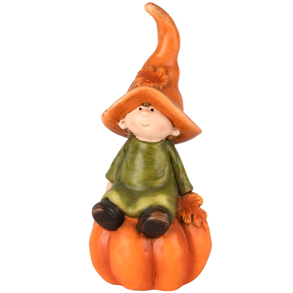 Dekoratief | Herfstkindje op pompoen, oranje/groen, resina, 9x9x20cm | A255433