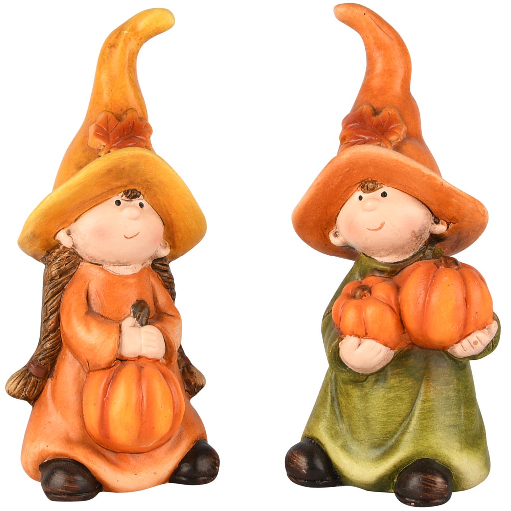 Dekoratief | Herfstkindje m/pompoen, oranje/groen, resina, 8x7x17cm, set van 2 stuks | A255434
