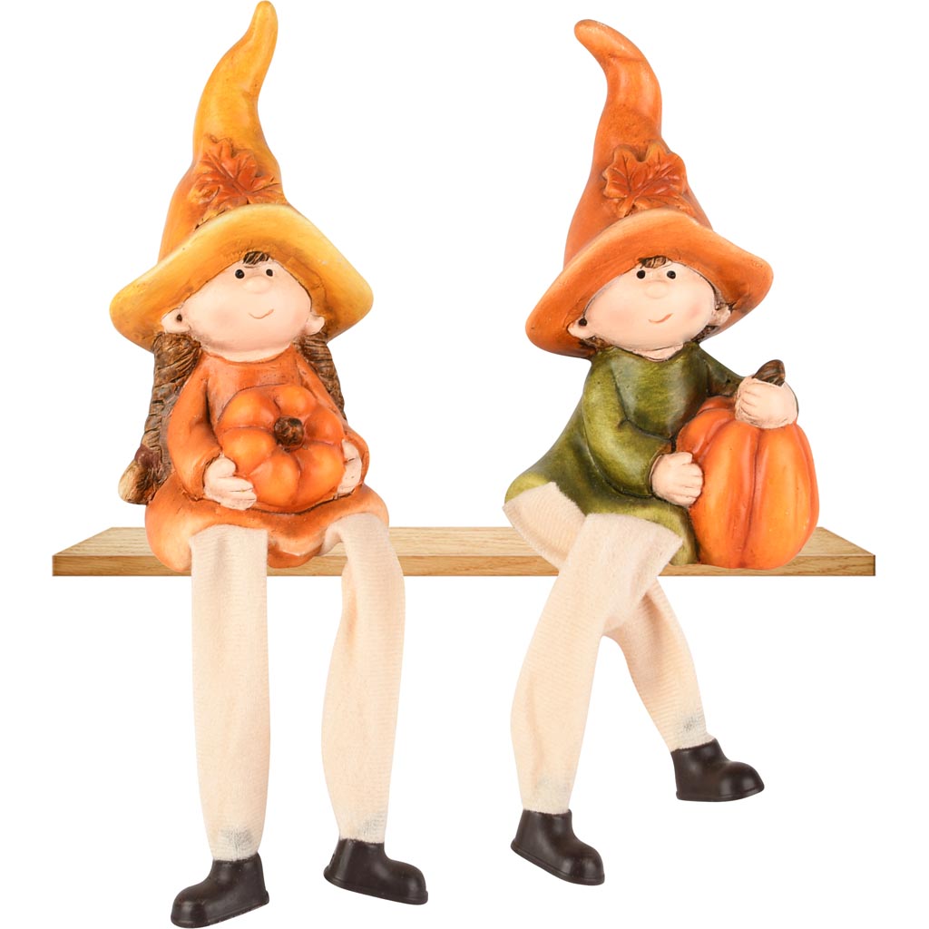 Dekoratief | Herfstkindje m/hangbenen, oranje/groen, resina, 8x6x13cm, set van 2 stuks | A255435