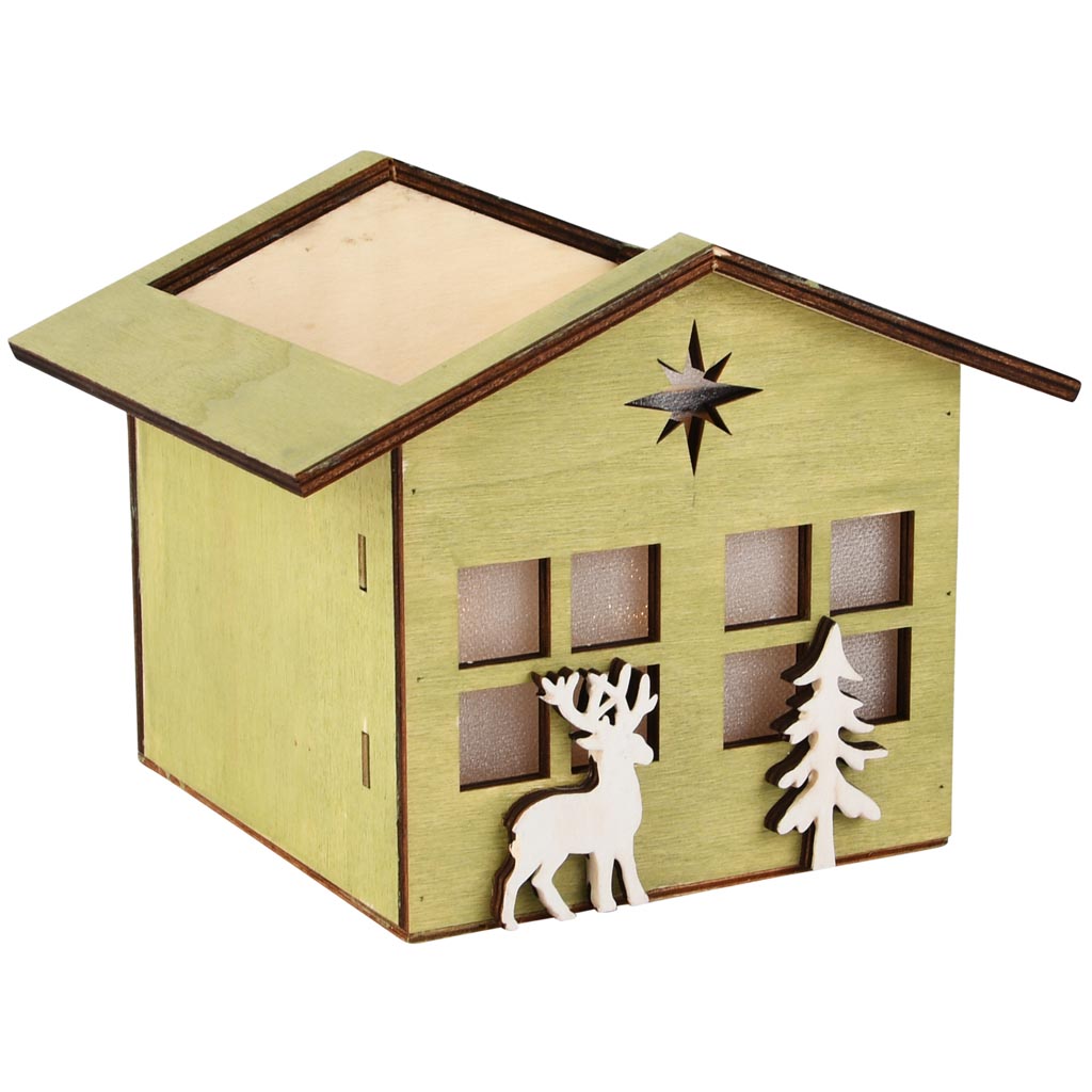 Dekoratief | Bakje huisje m/hert/boom, groen/wit, hout, 16x15x13cm | A255443