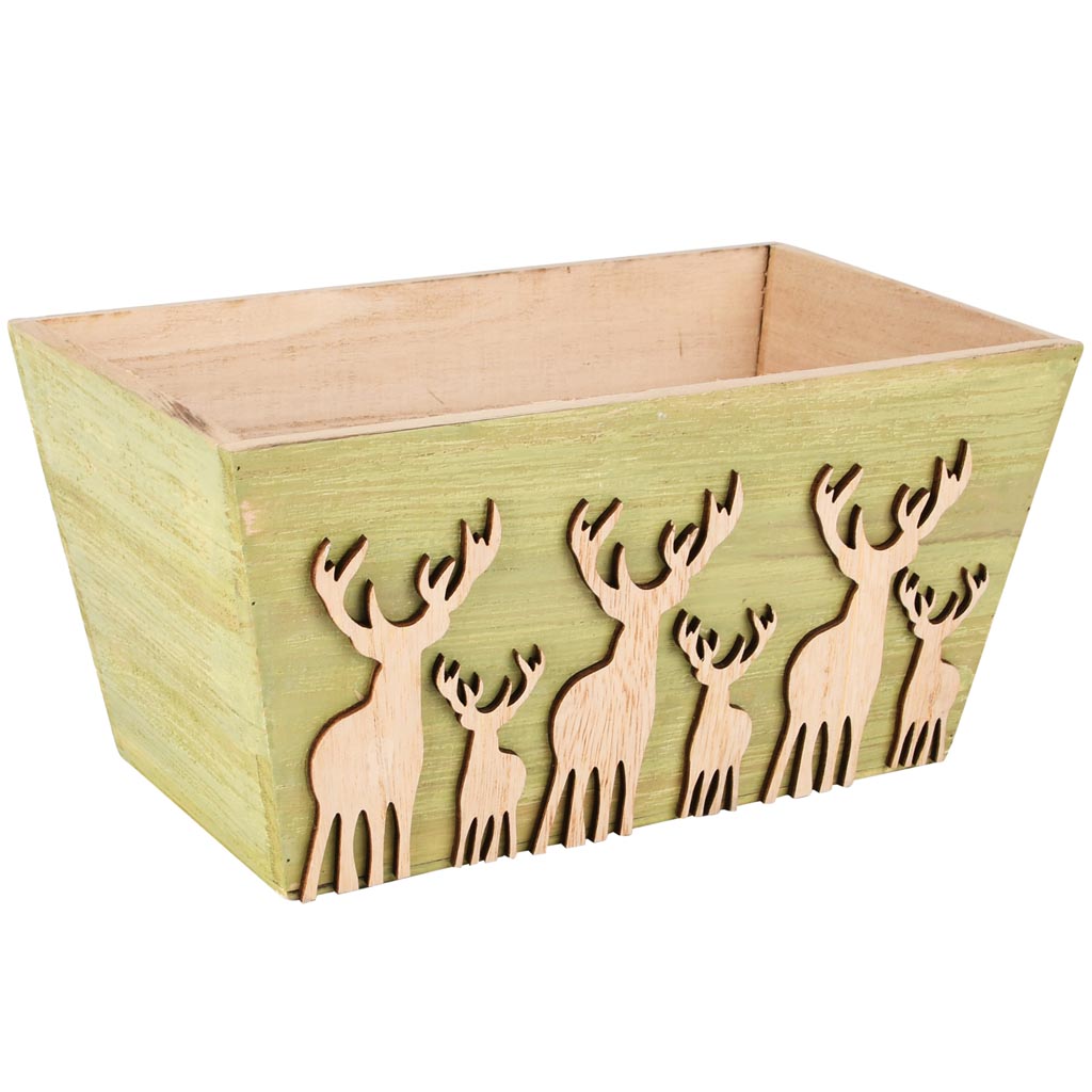 Dekoratief | Bakje m/herten, groen/naturel, hout, 24x14x12cm | A255448