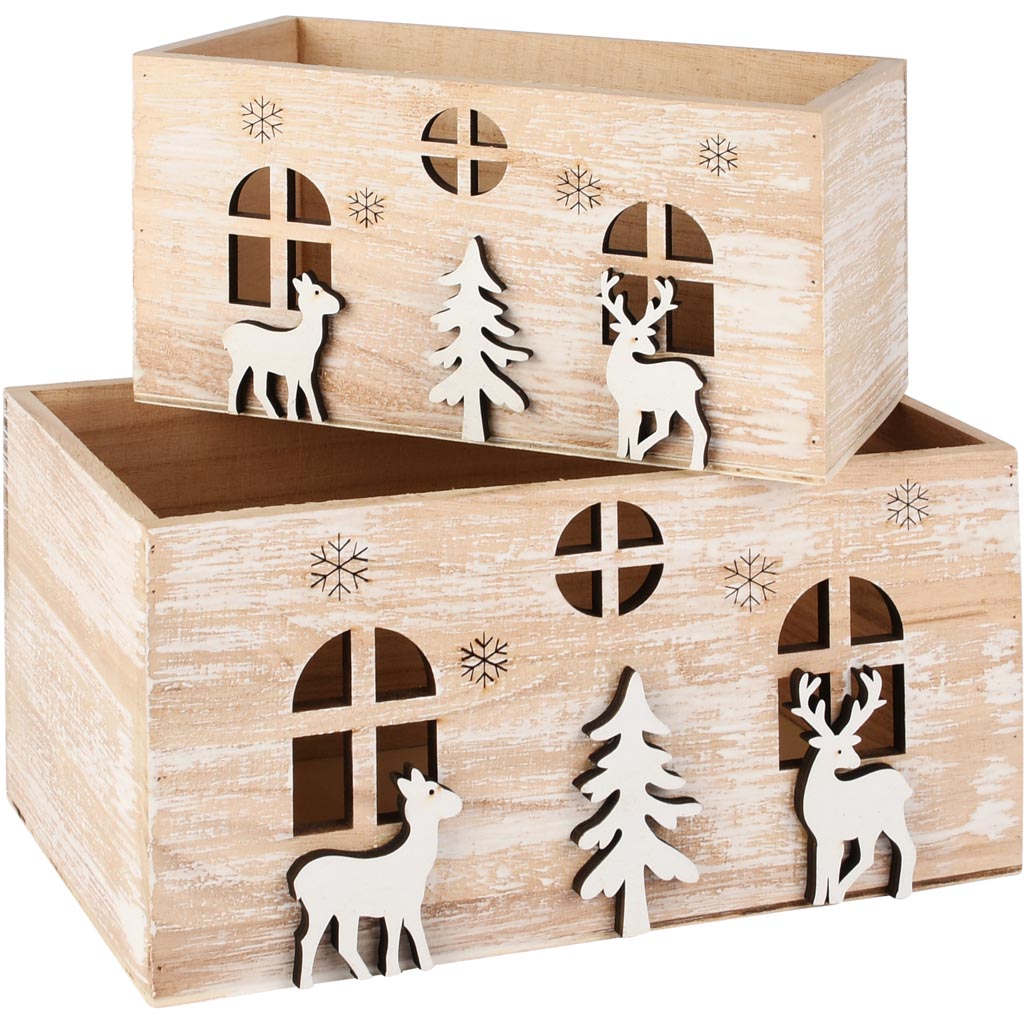 Dekoratief | Set 2 bakjes m/herten/bomen, naturel/wit, hout, 24x14x12cm | A255453