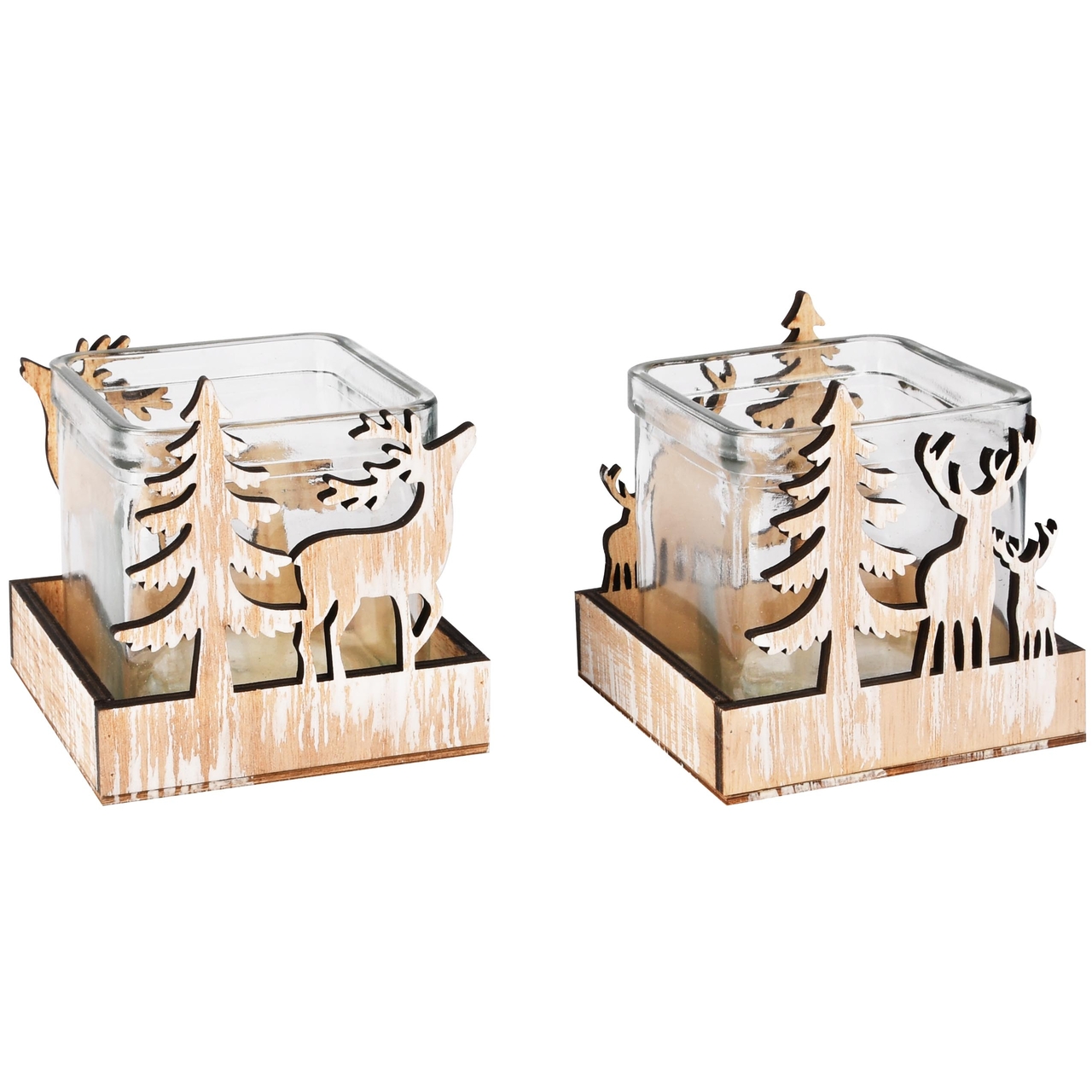 Dekoratief | Theelichthouder m/herten, naturel, glas/hout, 9x9x8cm, set van 2 stuks | A255456