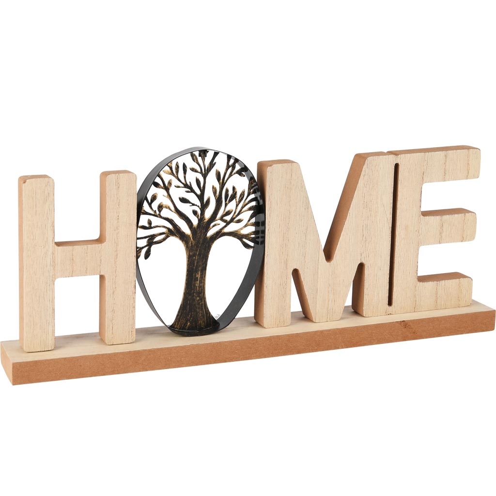 Dekoratief | Deco 'Home' m/levensboom, naturel/zwart, hout, 37x5x15cm | A255461