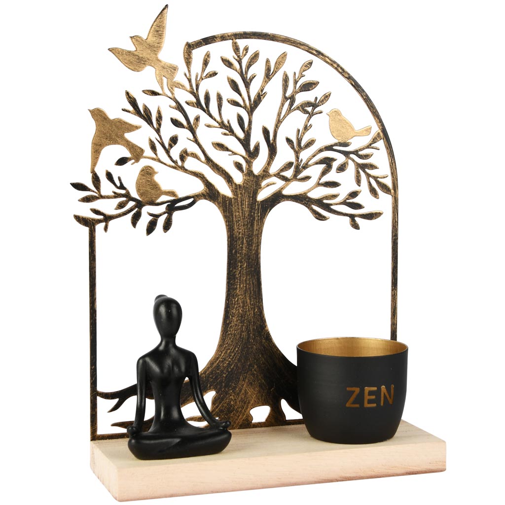 Dekoratief | Theelichthouder 'Zen' m/levensboom, hout/metaal, 17x6x24cm | A255462