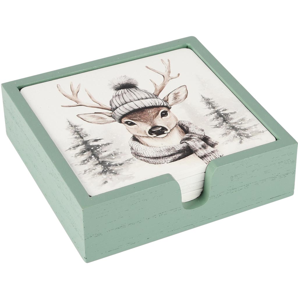 Dekoratief | Set 4 coasters 'Winter Deer', hout, 11x11x4cm | A255475