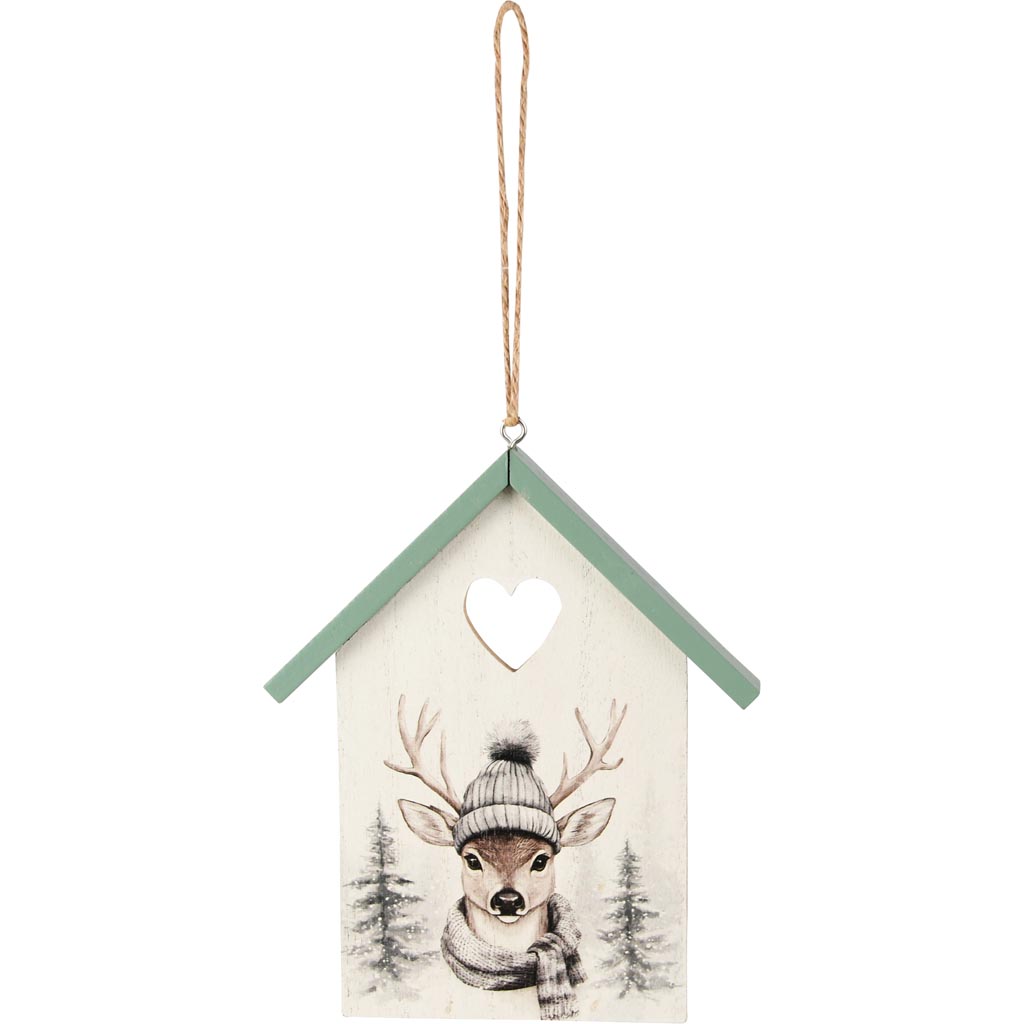 Dekoratief | Hanger huisje 'Winter Deer', hout, 13x15x2cm | A255476