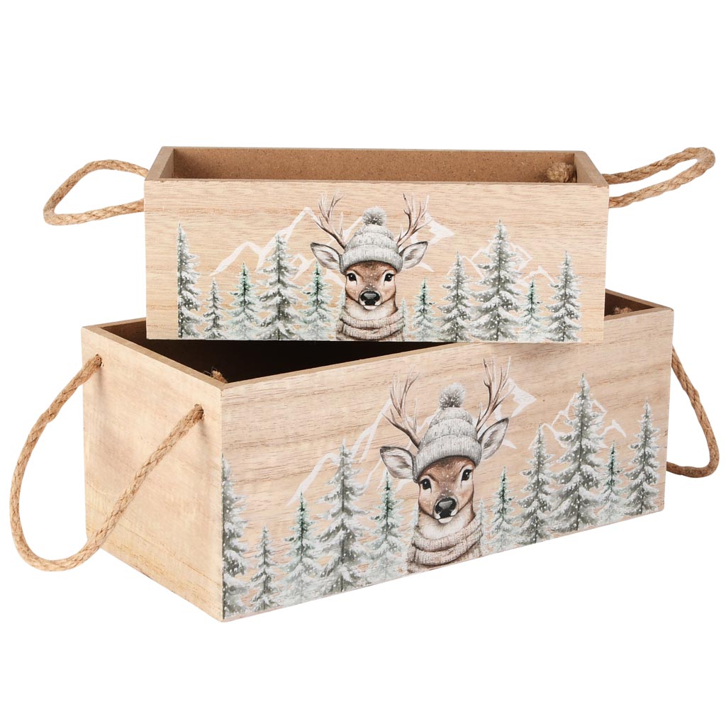 Dekoratief | Set 2 bakjes 'Winter Deer', naturel, hout, 25x12x10cm | A255483