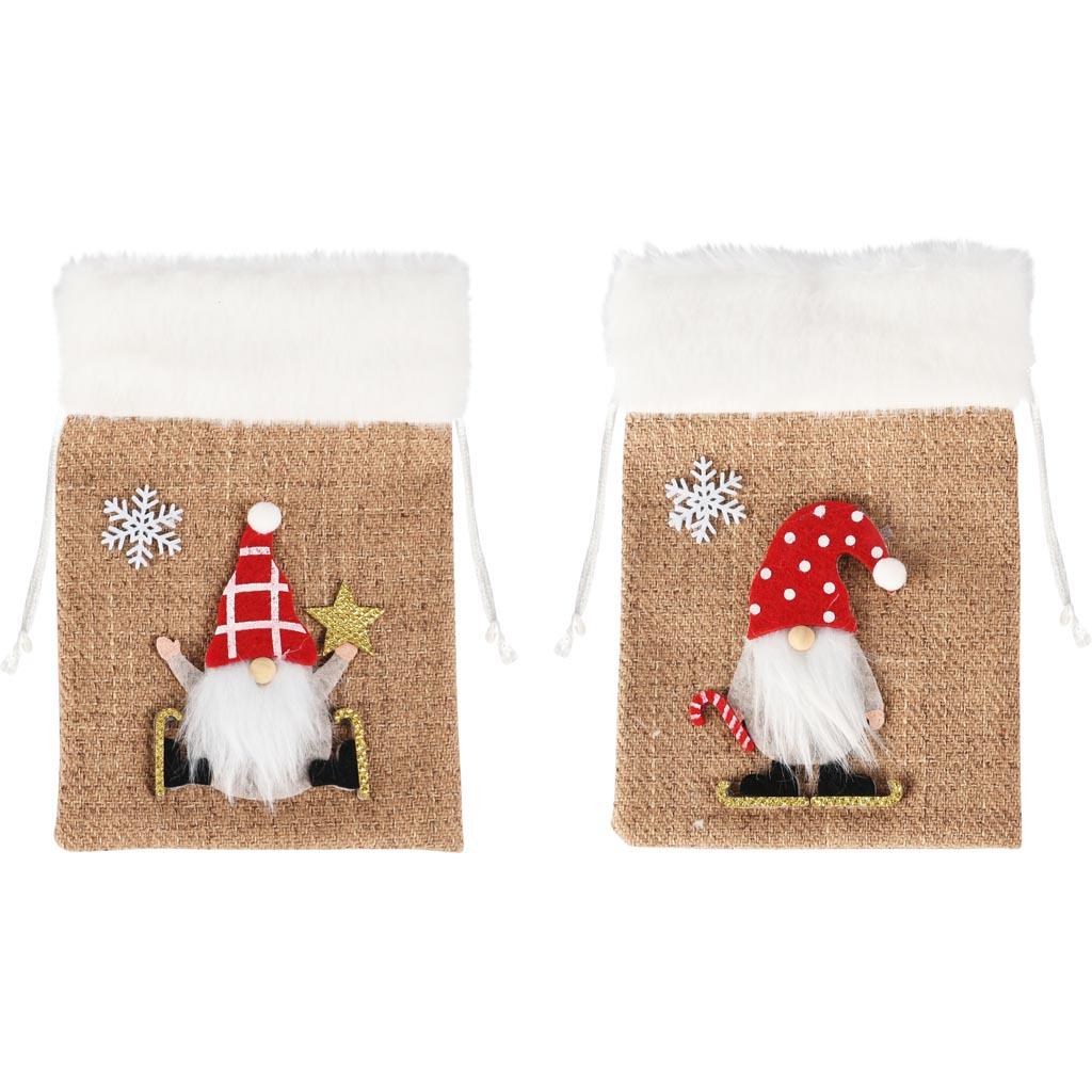 Dekoratief | Zakje m/gnoompje, rood/wit/naturel, jute, 17x12x1cm, set van 2 stuks | A255489