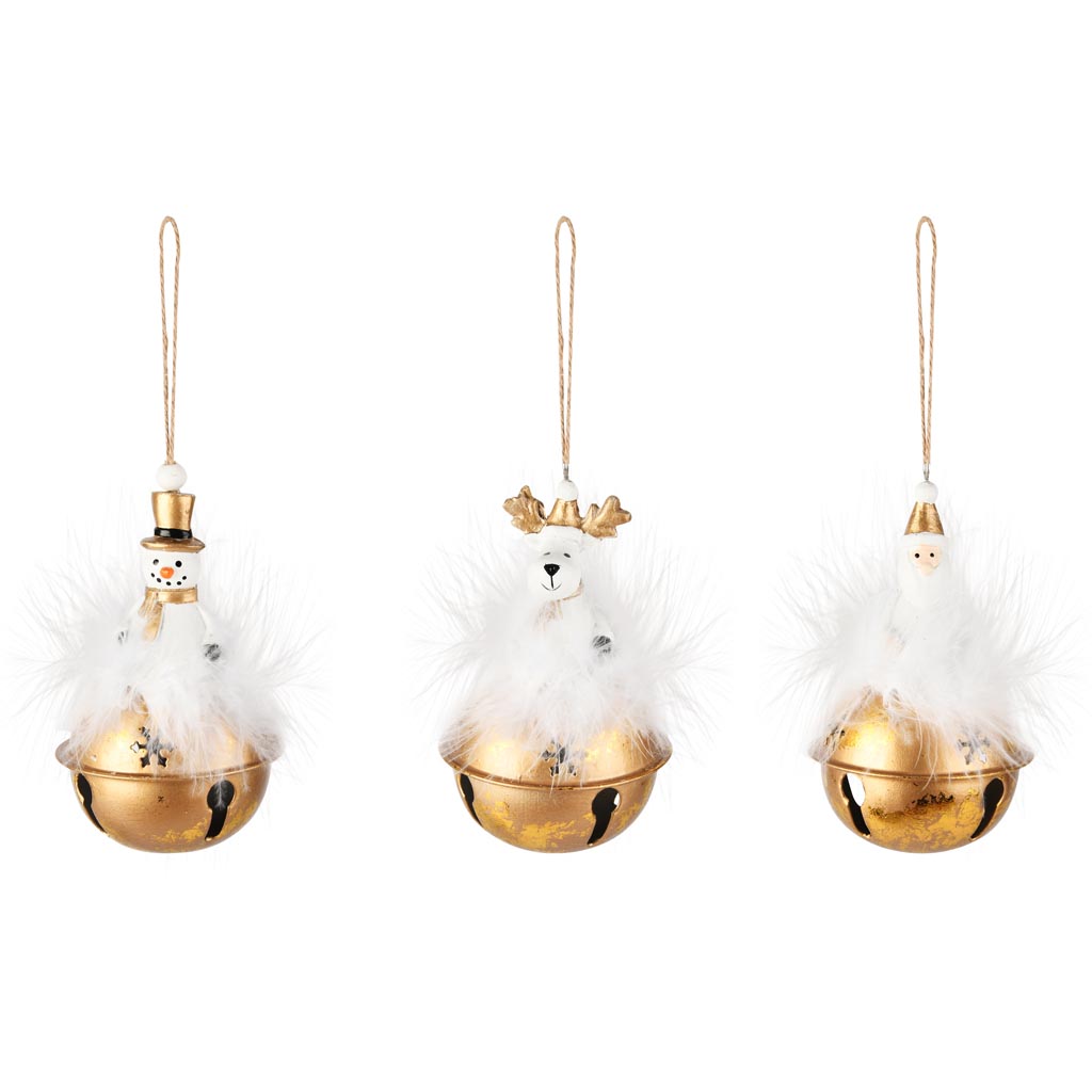 Dekoratief | Hanger bel m/santa/rudolf/sneeuwman, resina, 7x7x11cm, set van 3 stuks | A255492