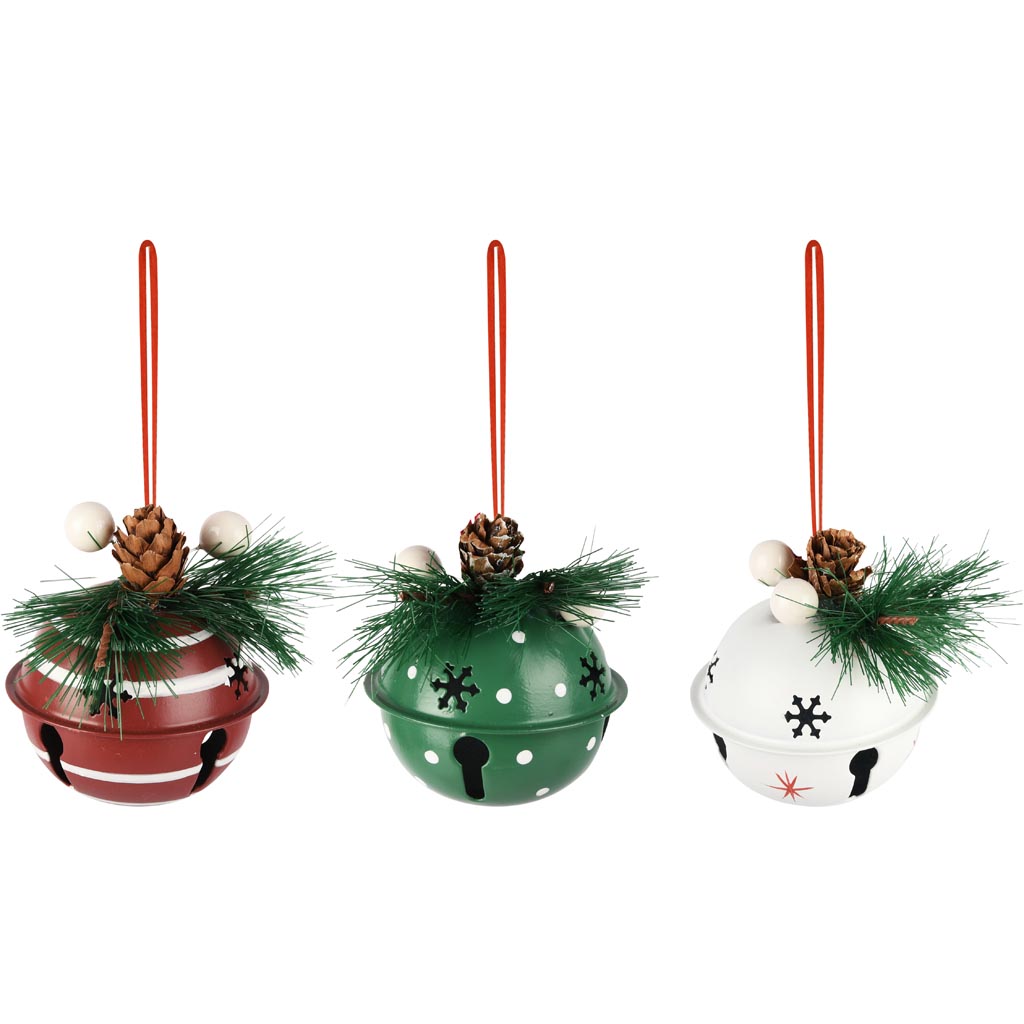 Dekoratief | Hanger bal m/belletje, groen/rood/wit, metaal, 7x7x6cm, set van 3 stuks | A255493