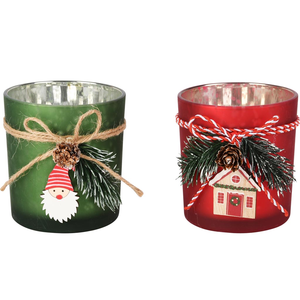 Dekoratief | Theelichthouder m/santa/huisje, rood/groen, glas, 7x7x8cm, set van 2 stuks | A255503