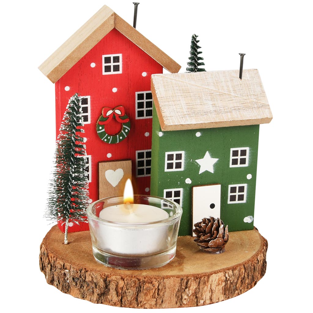 Dekoratief | Tafelstukje m/huisjes, groen/rood, hout, 14x14x14cm | A255507