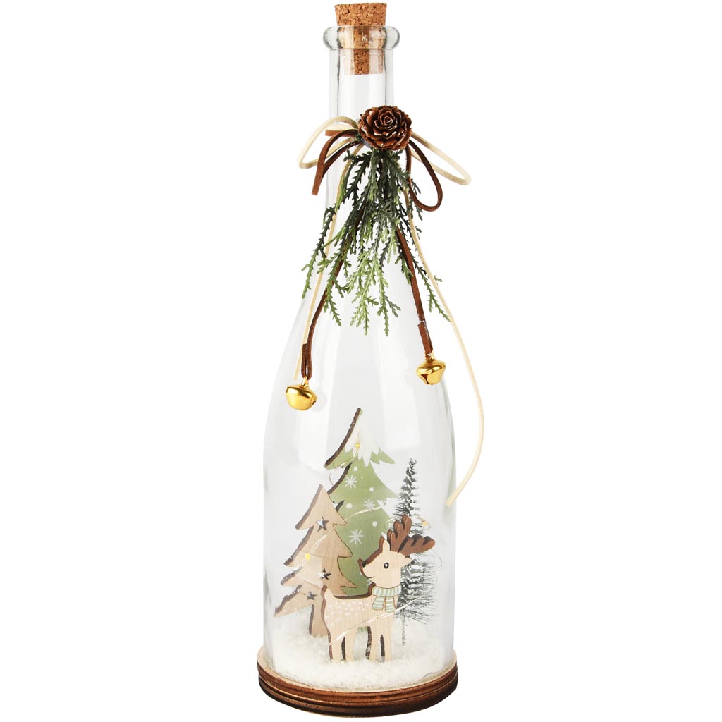Dekoratief | Deco fles m/rendier/boompjes, glas/hout, LED, 9x9x30cm | A255510