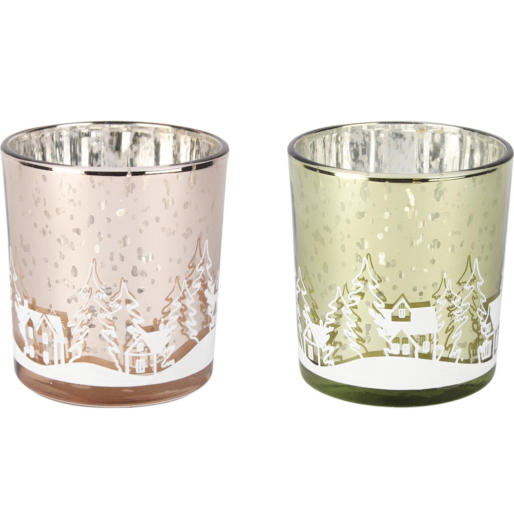 Dekoratief | Theelichthouder m/huisjes, groen/roze, glas, 7x7x8cm, set van 2 stuks | A255513