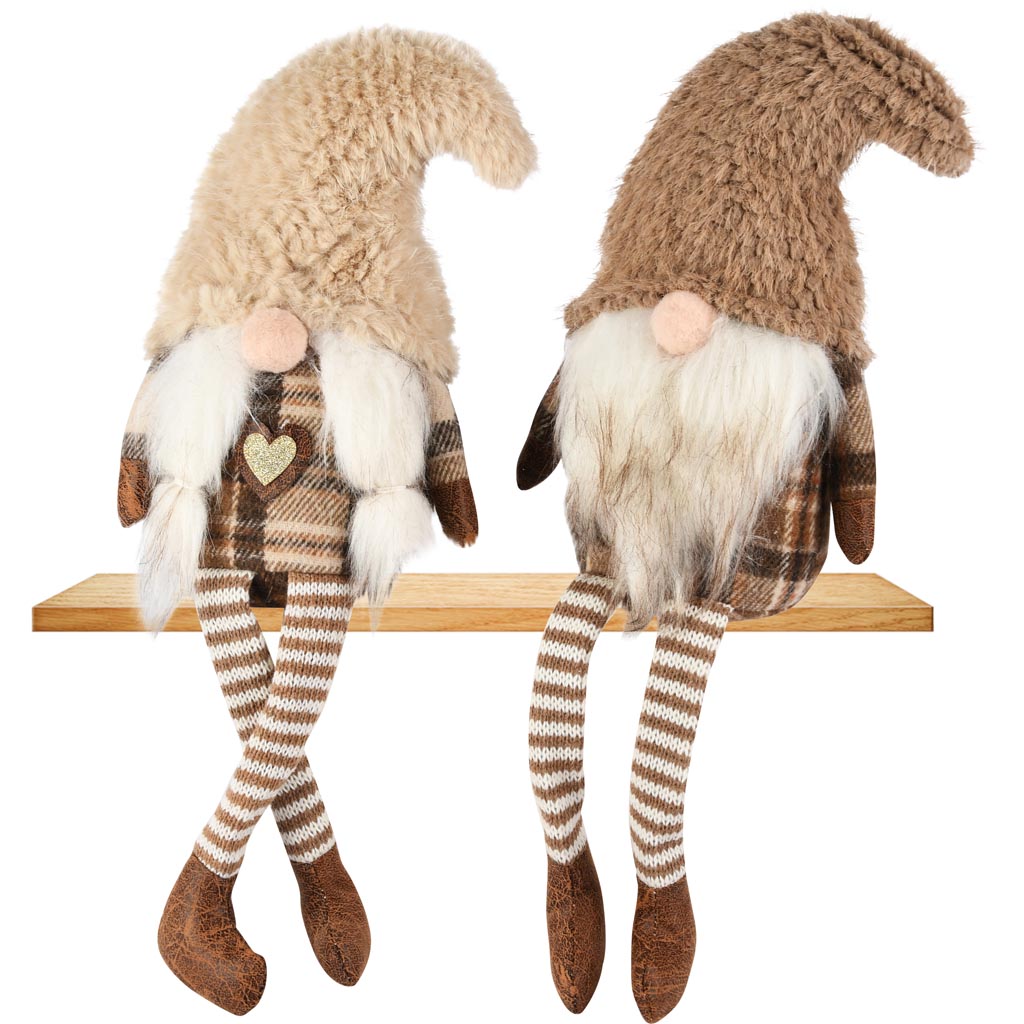 Dekoratief | Pop gnoom m/hangbeentjes, bruin/beige, stof, 7x7x35cm, set van 2 stuks | A255522