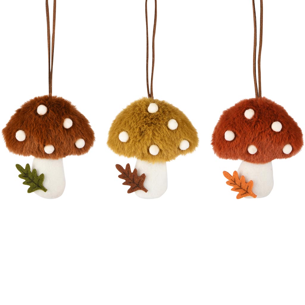 Dekoratief | Hanger paddenstoel, oranje/geel/bruin, stof, 9x10x3cm, set van 3 stuks | A255528