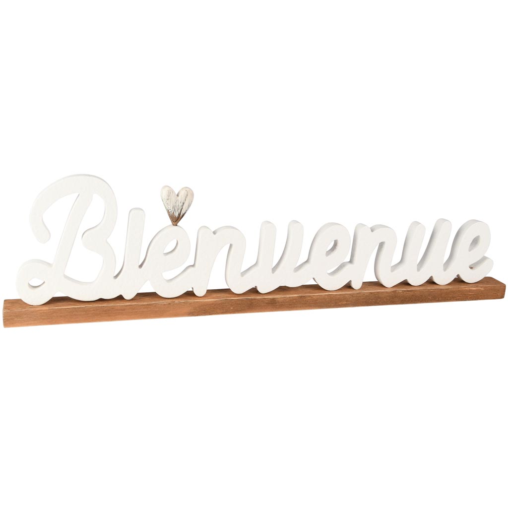 Dekoratief | Deco 'Bienvenue' m/hartje, wit/naturel, hout, 58x4x15cm | A255565