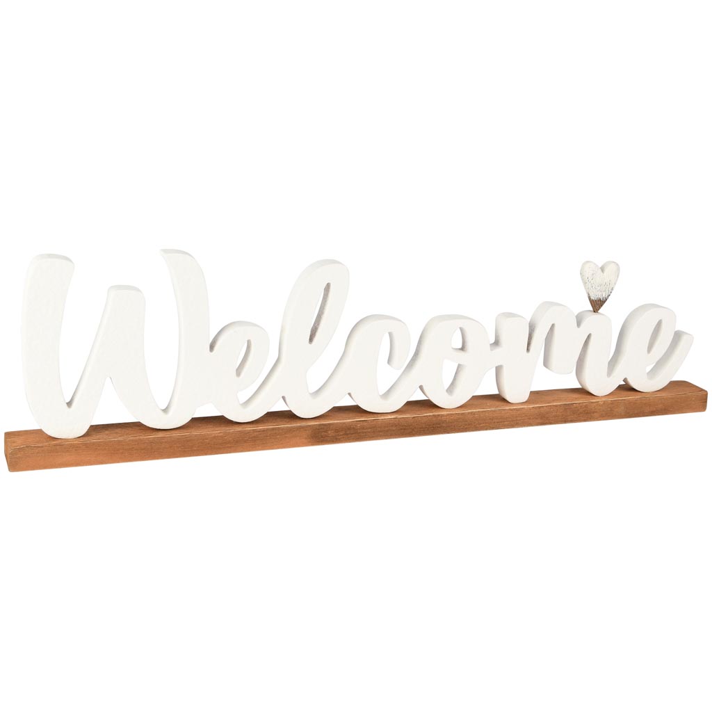 Dekoratief | Deco 'Welcome' m/hartje, wit/naturel, hout, 58x4x15cm | A255566
