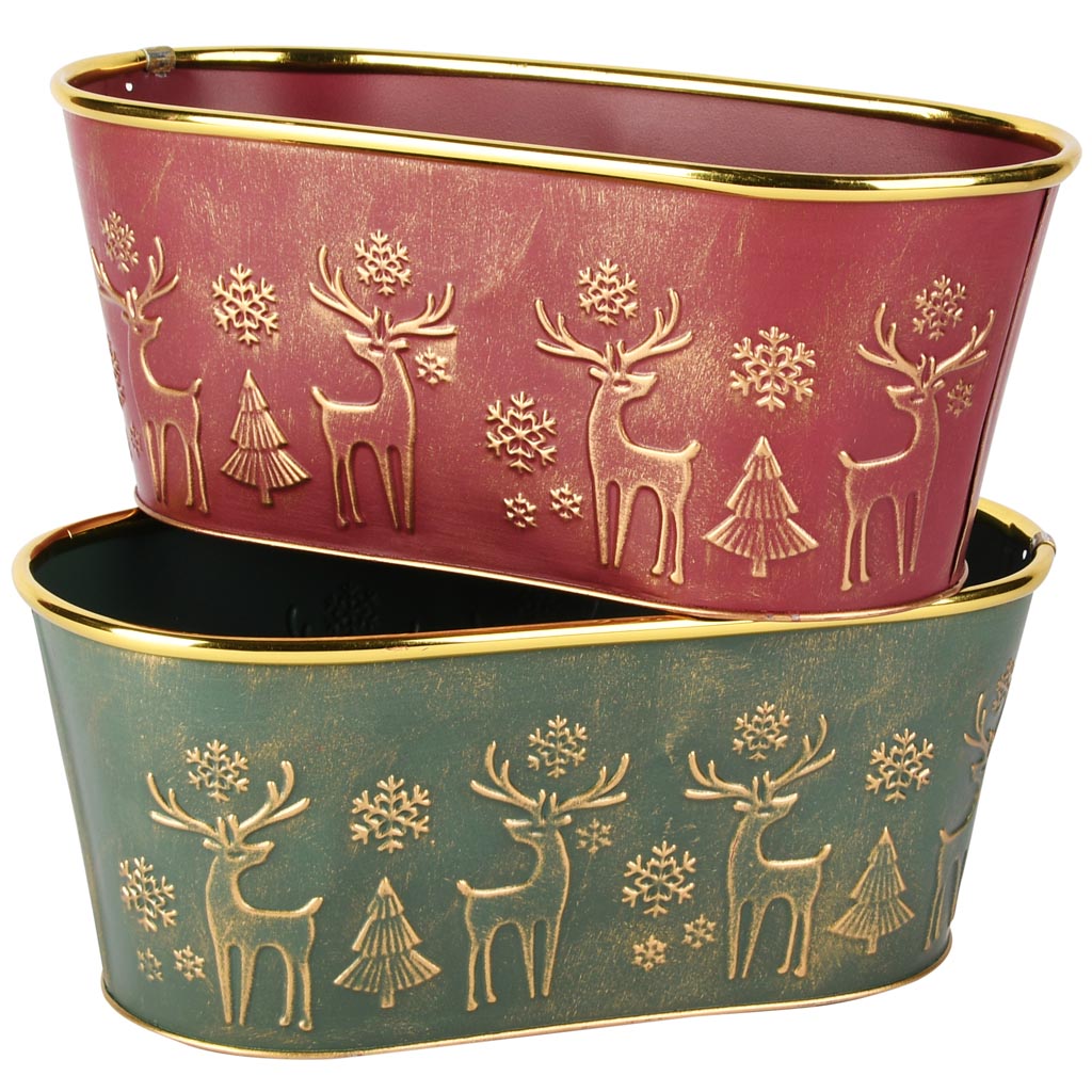 Dekoratief | Bloempot ovaal 'Deer', rood/groen, metaal, 26x13x11cm, set van 2 stuks | A255571