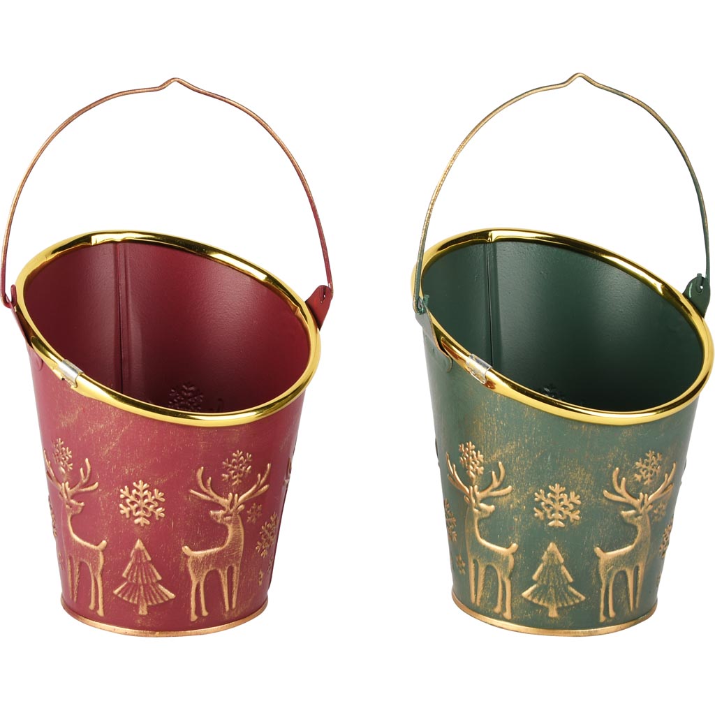 Dekoratief | Emmertje 'Deer', rood/groen, metaal, 14x13x10cm, set van 2 stuks | A255573