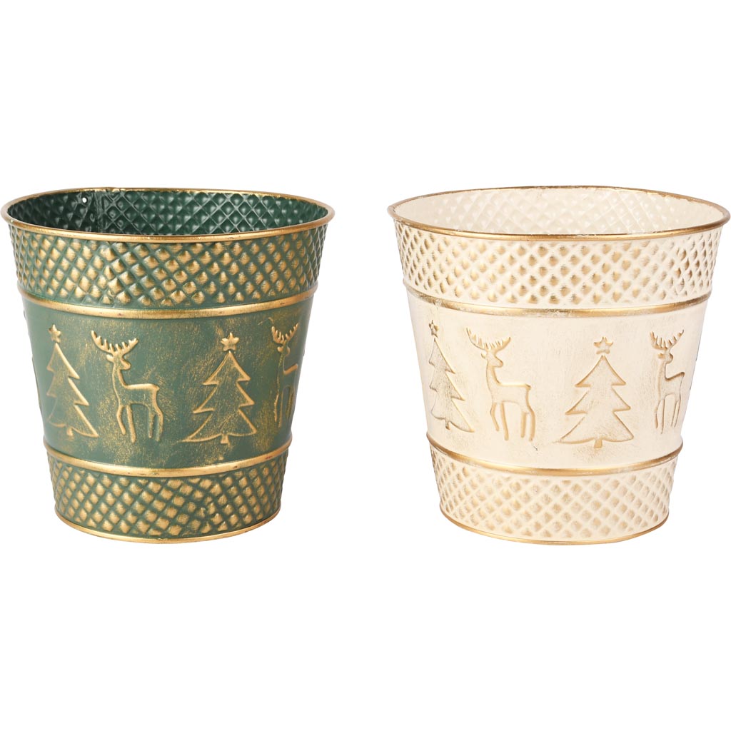 Dekoratief | Bloempot 'Deer & Tree', groen/wit, metaal, 17x17x16cm, set van 2 stuks | A255575
