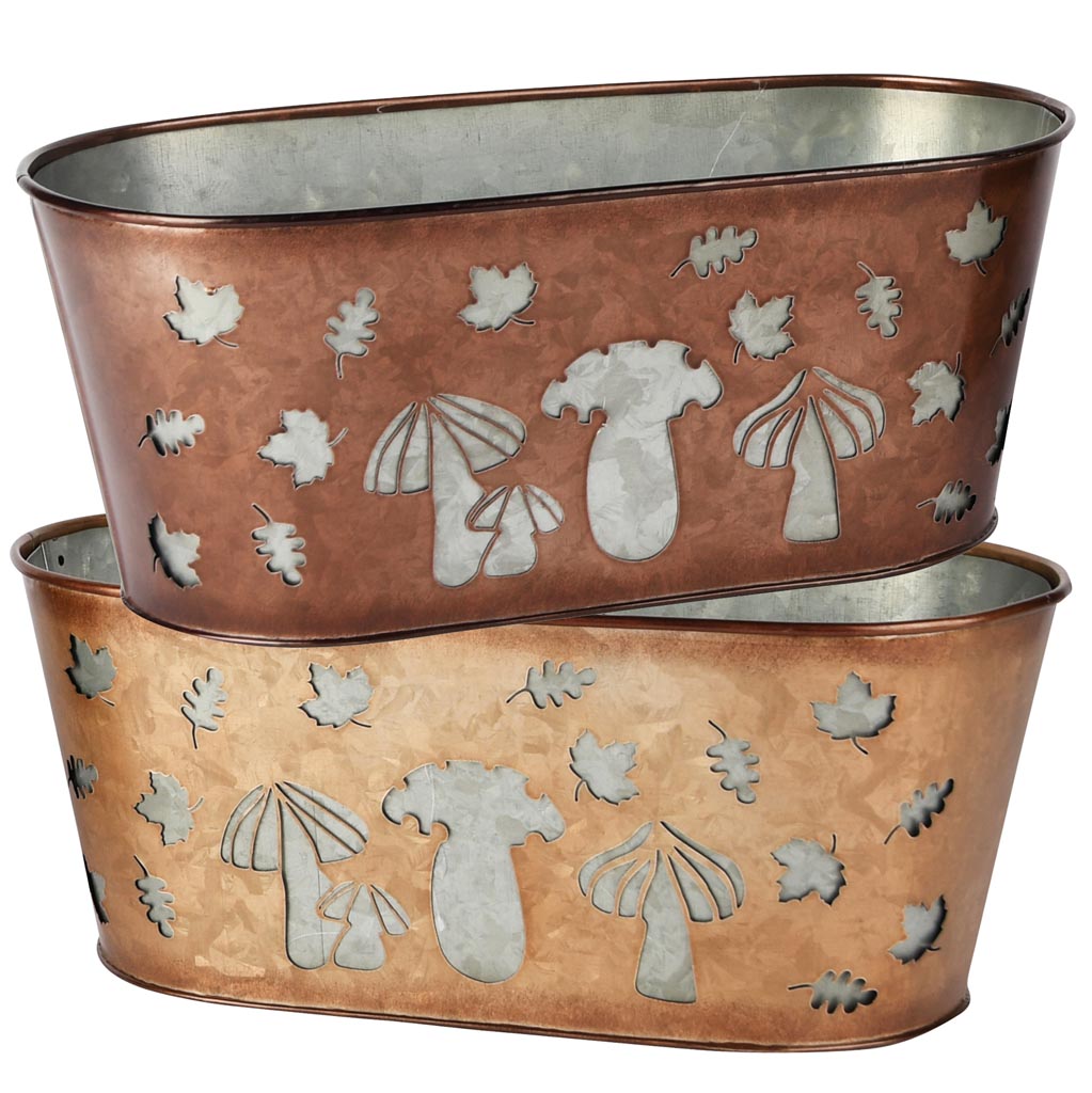 Dekoratief | Bloempot ovaal 'Mushrooms', bruin, metaal, 26x14x11cm, set van 2 stuks | A255577