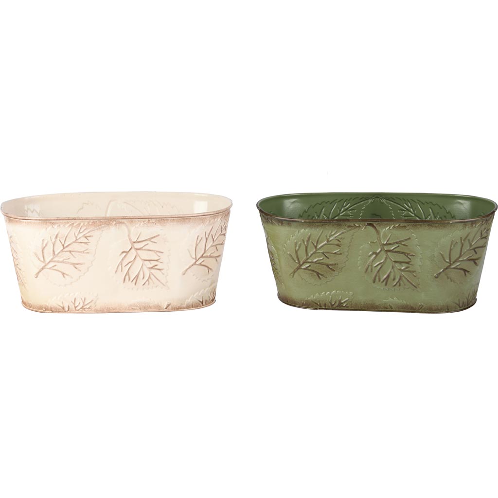 Dekoratief | Bloempot 'Autumn Twigs', groen/wit, metaal, 26x13x11cm, set van 2 stuks | A255580