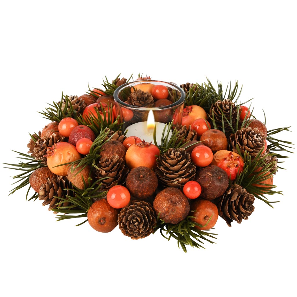 Dekoratief | Tafelstukje m/bessen/dennenappels, oranje, 19x19x7cm | A255586