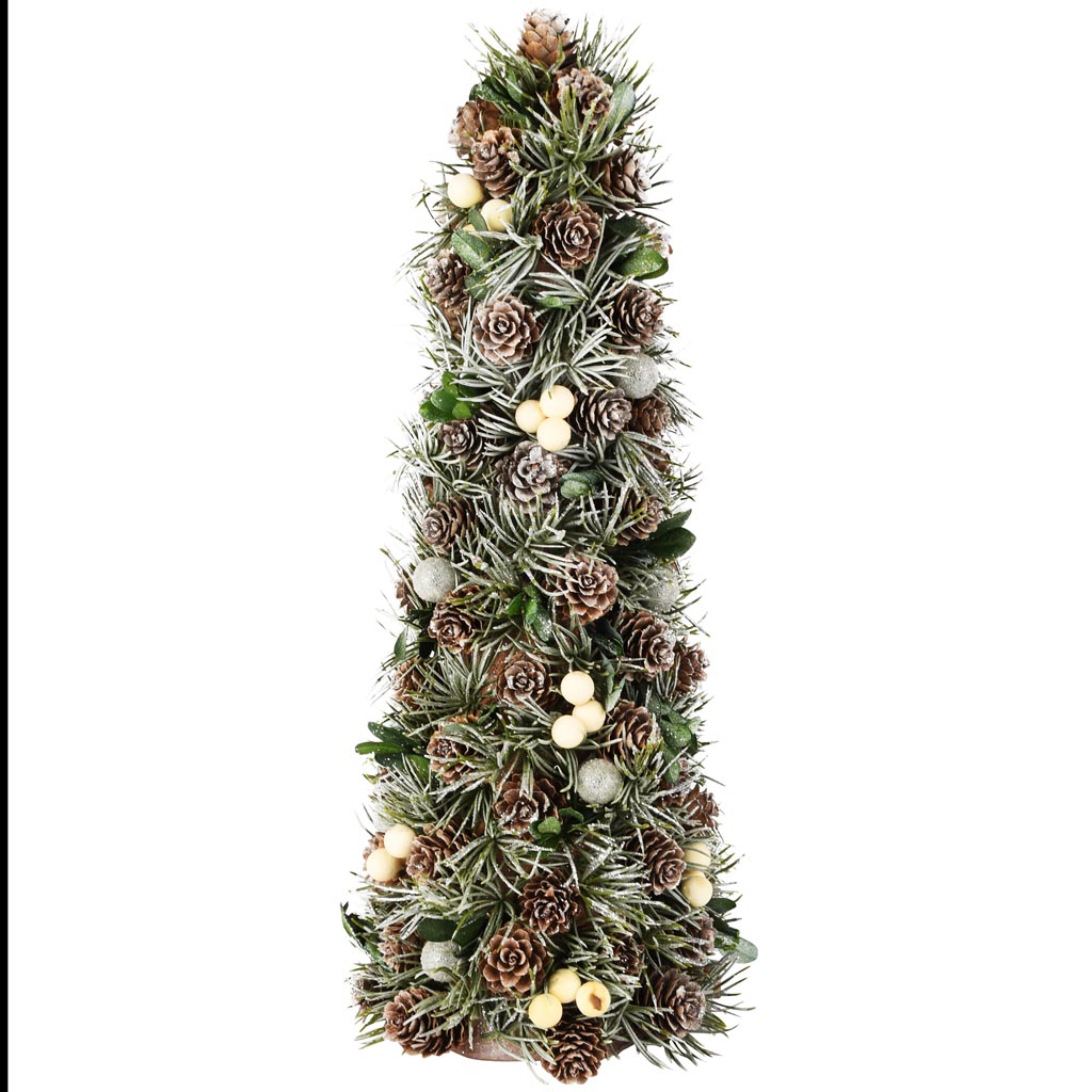 Dekoratief | Kegel vorm m/dennenappels/takjes, naturel/wit/groen, 16x16x41cm | A255592