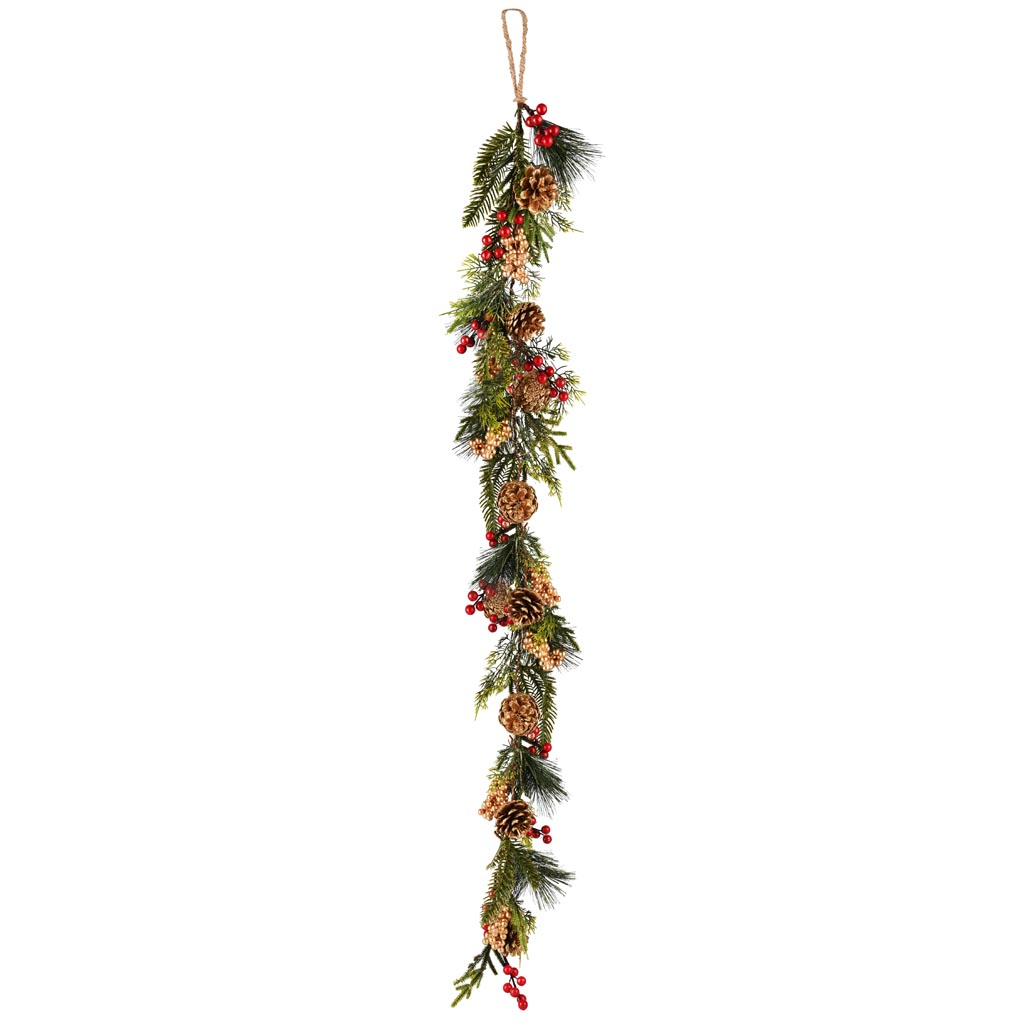 Dekoratief | Deco slinger m/bessen/dennenappels, groen/rood/goud, 115cm | A255596