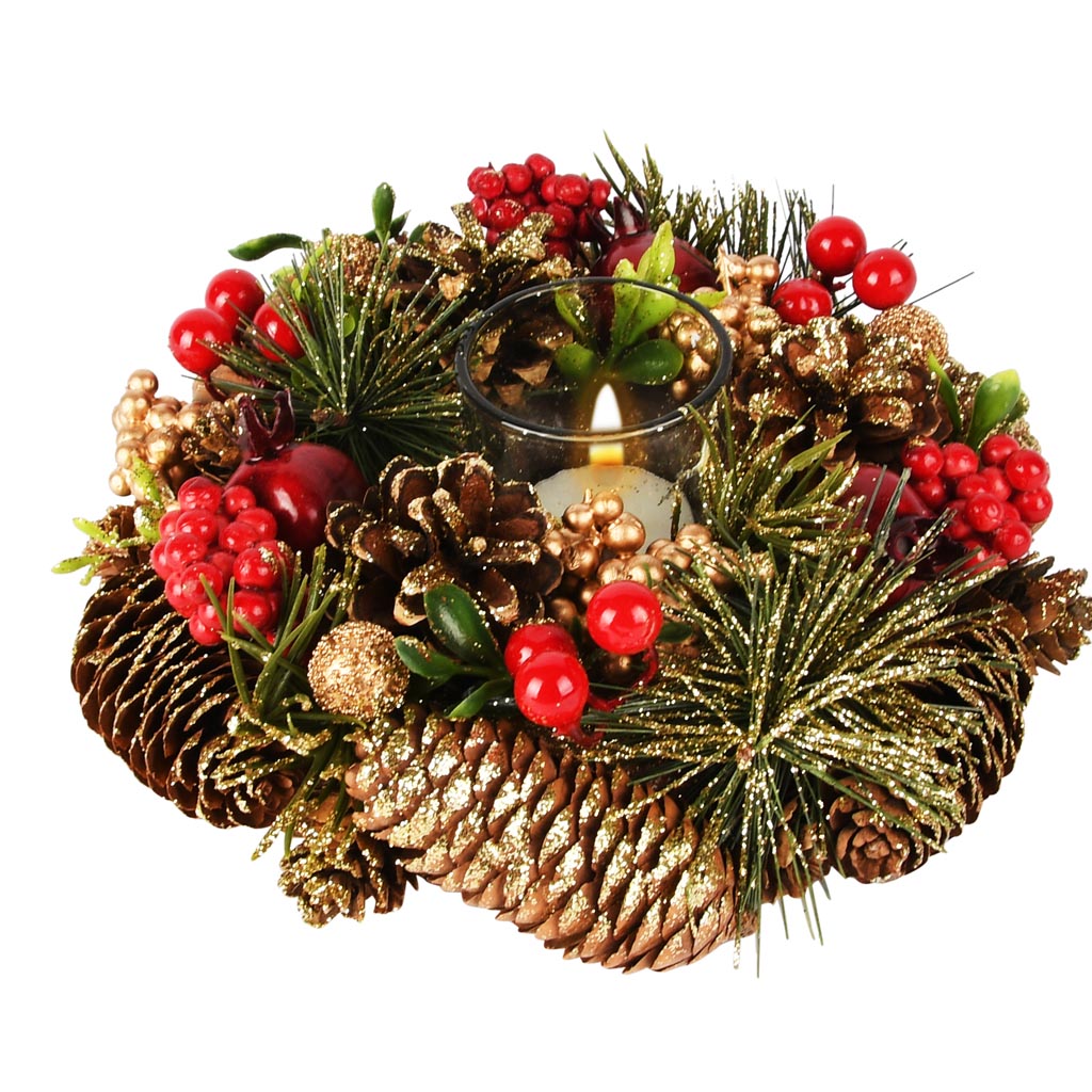 Dekoratief | Tafelstukje m/bessen/dennenappels, goud/rood/groen, 20x20x7cm | A255597