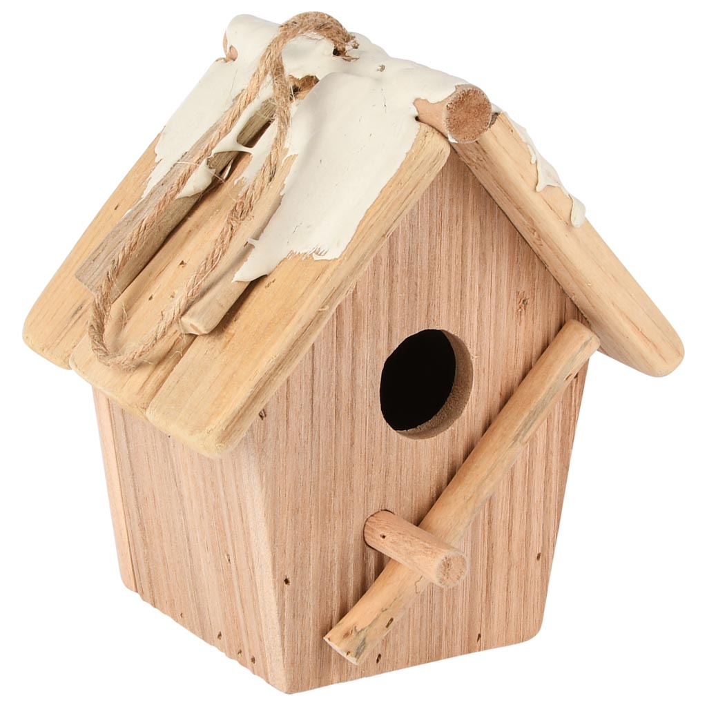 Dekoratief | Hanger vogelhuisje m/sneeuw, naturel, hout, 14x14x16cm | A255604