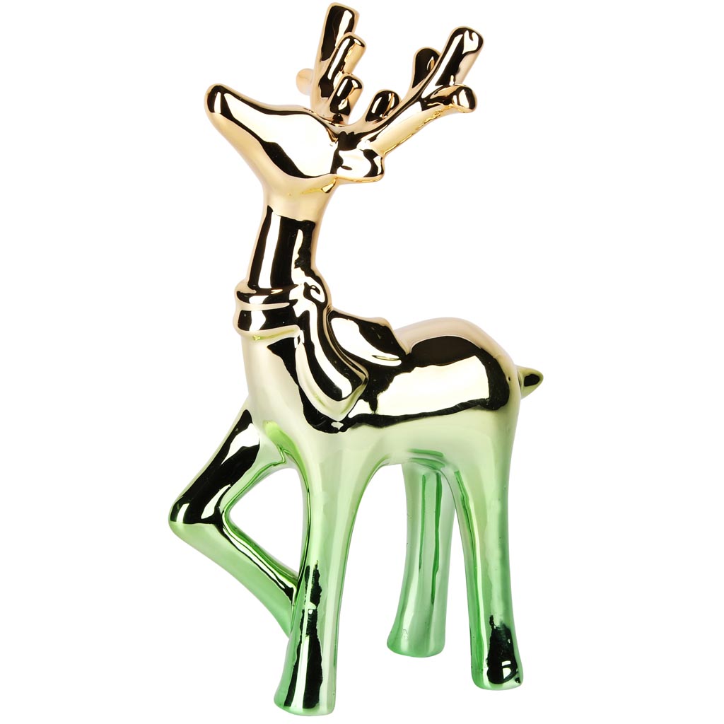 Dekoratief | Rendier staand m/sjaal, shiny goud/groen, keramiek, 11x9x20cm | A255618