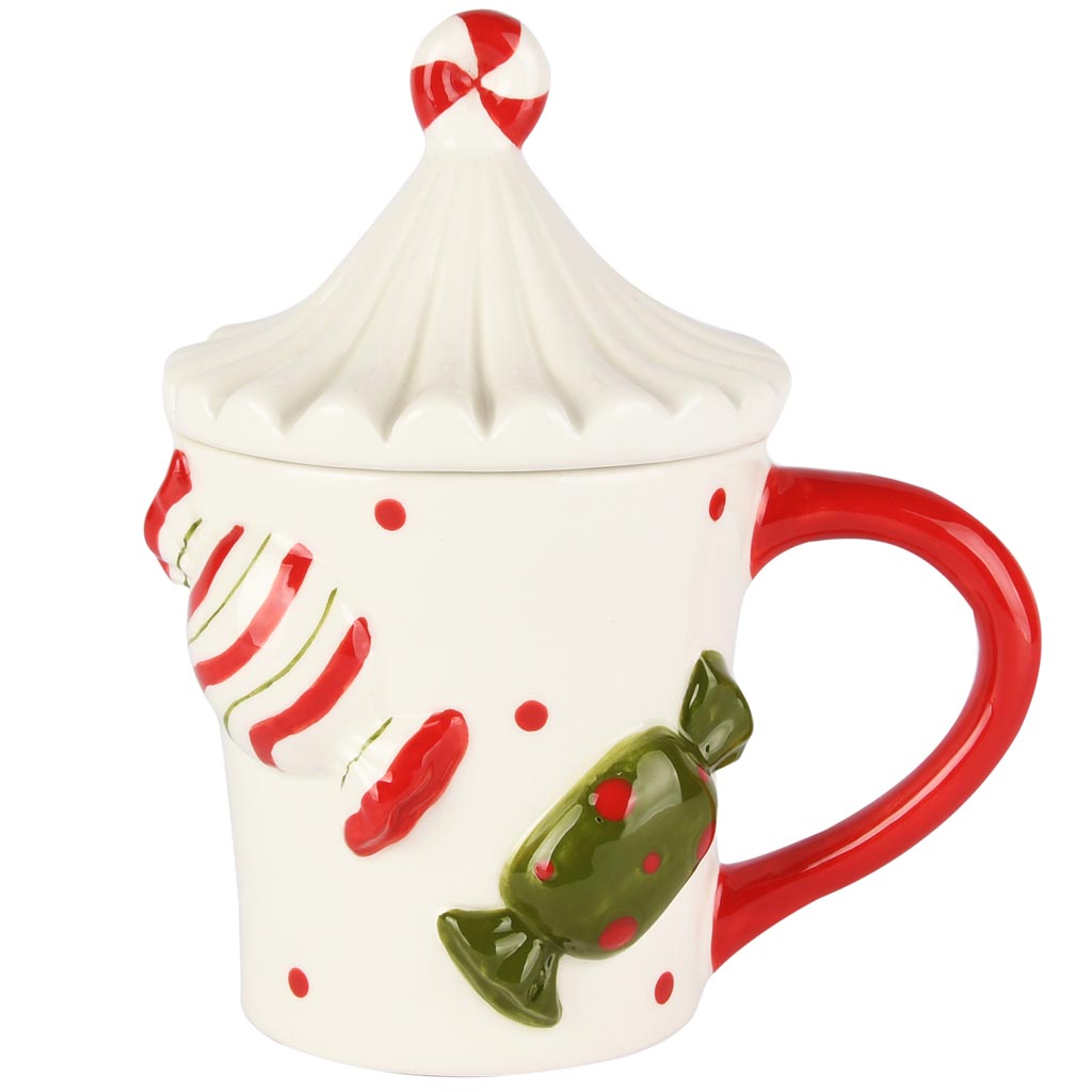 Dekoratief | Mok m/deksel 'Candy Carroussel', rood/wit, keramiek, 14x11x17cm | A255621